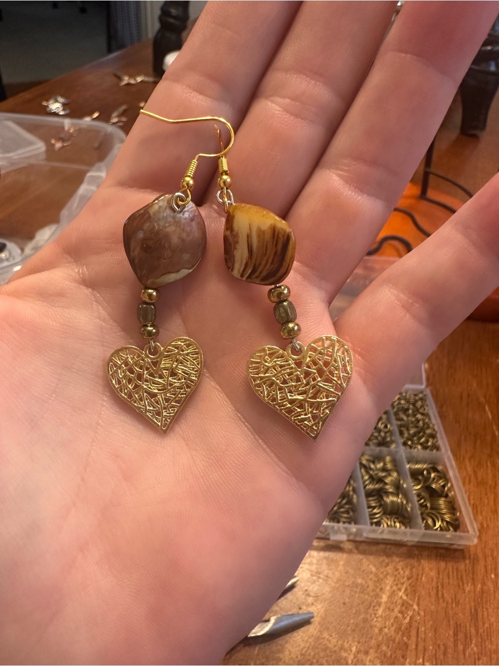 Gold Heart Dangle Earrings with Brown Marbled Beads
